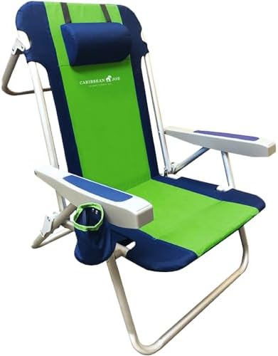 CARIBBEAN JOE Folding Beach Chair, 5 Position Portable Backpack Foldable Camping Chair with Headrest, Cup Holder, and Armrests, Navy/Green
