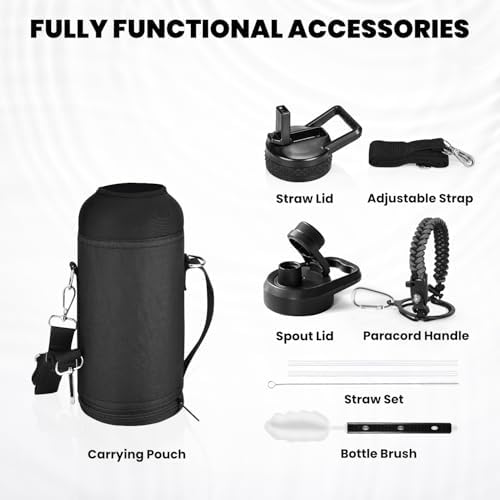 Insulated Water Bottle 32 oz, Triple Wall Vacuum Stainless Steel (Cold for 48 Hrs), Leak Proof & Non-BPA, Modern Water Flask Jug with Paracord Handle & Straw Spout Lids, Dark Grey