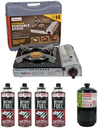 Dual Fuel Portable Stove COMBO, 12K BTU Portable Camping Stoves, w/ 4 x 8 oz. Butane Canister Tin Fuels, Dual Fuel Butane & Propane Stove for Camping, Emergencies & Outdoor Cooking by Grill Boss 90057