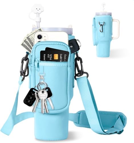 dabria Water Bottle Carrier Bag with Phone Pocket for Stanley 40/30 oz Tumbler Neoprene Water Bottle Holder Pouch with Adjustable Strap Bollus with Straw Cover & Carabiner for Stanley Cup Accessories