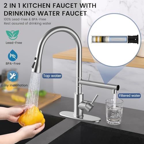 FEELSO Kitchen Faucets, Upgraded Filter Water Kitchen Faucet with Pull Down Sprayer, Brushed Nickel Stainless Steel High Arc 1 Or 3 Hole Kitchen Sink Faucet for Remove Chorine, Harmful Substances