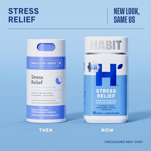 Habit Stress Relief Supplement 2 Pack (120 Capsules) - New Look, Supports Relaxation & Mood Balance, Vitamin B, Adaptogens, Lemon Balm, Calming, Vegan, Non-GMO