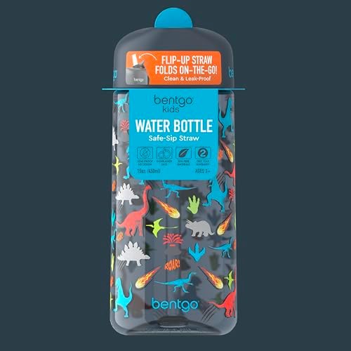 Bentgo Kids Water Bottle - Leak-Proof, Durable Tritan, BPA-Free 15 oz. Cup for Kids/Toddlers Ages 3+, Safe Sip Spout, Carrying Handle, & Dishwasher Safe for School, Sports, Daycare & Camp (Dinosaur)