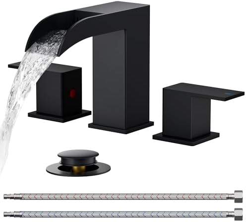 FORIOUS Square Matte Black Waterfall Bathroom Faucets 3 Hole, 8 Inch Widespread Bathroom Sink Faucet with Metal Pop-up Drain and Supply Lines, Two Handles for Vanity, Lavatory, Restroom