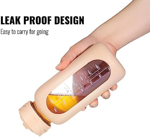 CIVAGO 32 oz Glass Water Bottle with Straw and Handle, Large Sports Motivational Water Bottle Flask with Time Marker and 2 Lids, Leakproof Water Jug Canteen with Silicone Sleeve for Gym,Beige