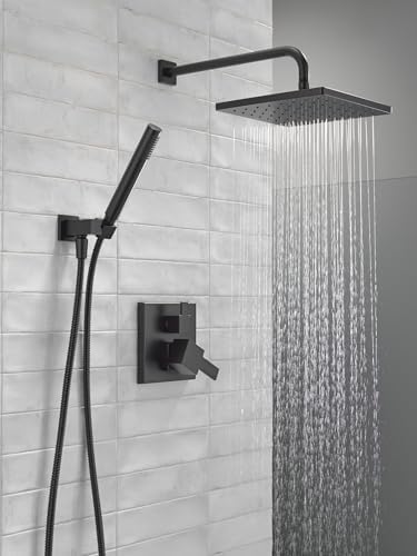 Delta Faucet Modern Raincan 2-Setting Shower Square System Including Rain Shower Head and Handheld Spray Black, Rainfall Shower System Brushed Black, Shower Valve Trim Kit, Matte Black 342701-BL