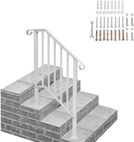 Outvita Handrails for Outdoor Steps, Wrought Iron Handrail Fits 2 or 3 Steps, Transitional Handrail with Installation Kit, Stair Railing for Concrete Steps or Wooden Stairs(White)