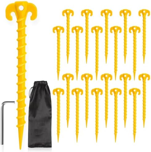 Fstop Labs 20 Pack Large 10 inch Outdoor Tent Stakes Heavy Duty Screw Style for Camping, Hiking, Ultimate Ground Stakes Ground Anchors Pegs