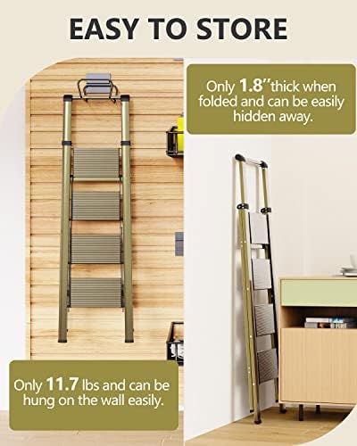 WOA WOA 4 Step Ladder, Ladders for Home, Anti-Slip Pedals, Aluminum Step Stool Foldable, Lightweight to Move, Ease of Storage, Reach 9ft for Closet Kitchen Library, Hold 300lbs - Gold
