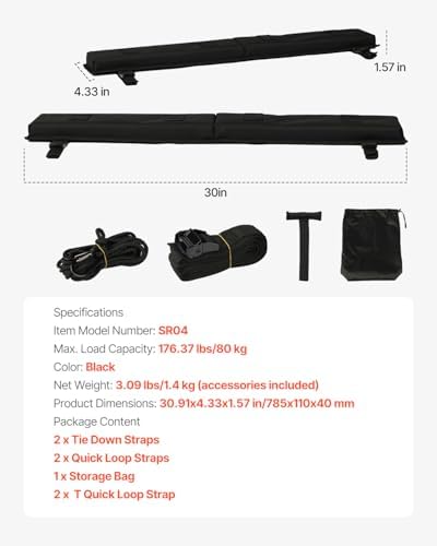 VEVOR Soft Roof Rack Pads, 30" Universal Car Roof Rack Pad for Various Crossbars, 176LBS Loading Luggage Kayak Carrier with 2 Tie Down Straps, 2 Quick Loop Straps & Storage Bag for SUP Canoe Snowboard
