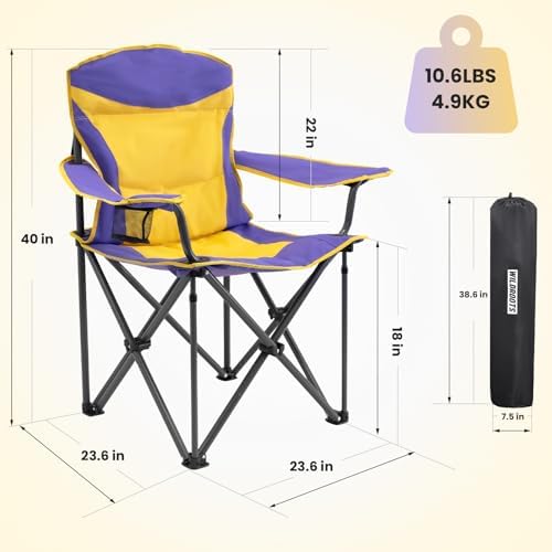 WILDROOTS Heavy Duty Fully Padded Camping Chair, Oversize Padded Arm Rest High Back Rest Folding Chair
