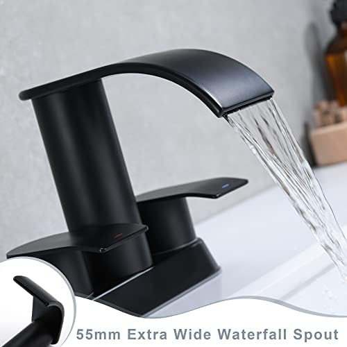 Ultimate Unicorn Waterfall Bathroom Sink Faucet Matte Black, Two Handles Bathroom Faucet with Metal Pop up Sink Drain Stopper, 2 or 3 Holes Bathroom Basin Lavatory Mixer Tap with Deck Mount Plate