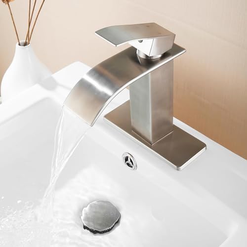 Fransiton Brushed Nickel Waterfall Bathroom Faucet Lavatory Single Handle 1 or 3 Hole Bathroom Sink Faucet Washbasin Faucet with Deck and Pop-up Drain