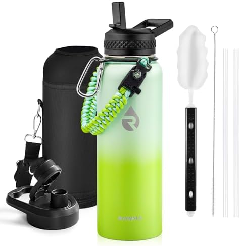 Insulated Water Bottle 40 oz, Triple Wall Vacuum Stainless Steel (Cold for 48 Hrs), Leak Proof & Non-BPA, Modern Water Flask Jug with Paracord Handle & Straw Spout Lids, Ombre Green
