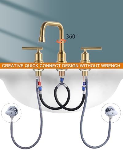 WOWOW Brushed Gold Bathroom Faucet Widespread Bathroom Sink Faucet 2 Handle Lavatory Tap 3 Holes with Drain and Supply Hoses Mordern Basin Taps