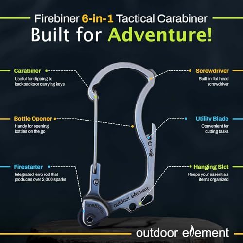 Firebiner 6-in-1 Fire-Starting Carabiner EDC Emergency Multitool -Keychain,Utility Blade,Bottle Opener,& More
