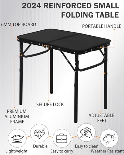 LOFTEY 2024 Reinforced Small Folding Table Portable, Small Foldable Camping Table, Heavy-Duty Mini Folding | Adjustable Height | Lightweight Premium Aluminum with Handle | Black 25"x16.2"x22"