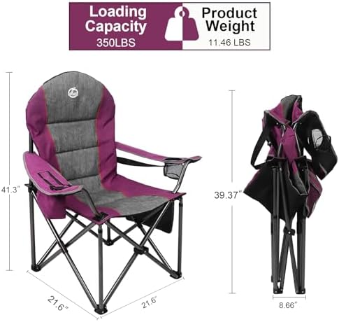 Oversized Portable Camping Chair, Full Padded Outdoor Folding Chair Support 350 LBS, Heavy Duty Lawn Chair with Cup Holder, Cooler Bag, Lumbar Support, Head Pocket for Adult (Purple)