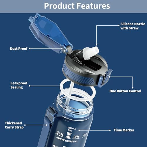 Water Bottle with Straw, 32oz Motivational Water Bottles with Time Marker to Drink, Tritan BPA Free, 1L Sports Water Bottle with Carry Strap LeakProof for Women Gym Fitness Outdoor (1 Pack)