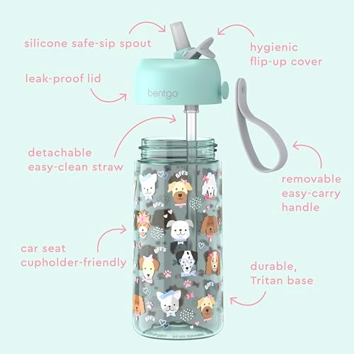 Bentgo Kids Water Bottle - Leak-Proof, Durable Tritan, BPA-Free 15 oz. Cup for Kids/Toddlers Ages 3+, Safe Sip Spout, Carrying Handle, & Dishwasher Safe for School, Sports, Daycare & Camp (Puppy Love)