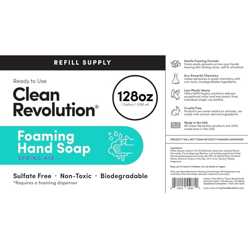 Clean Revolution Foaming Hand Soap Refill Supply Container, Ready to Use Formula, Gluten Free, Spring Air Fragrance, 128 Fl. Oz, 4 Pack