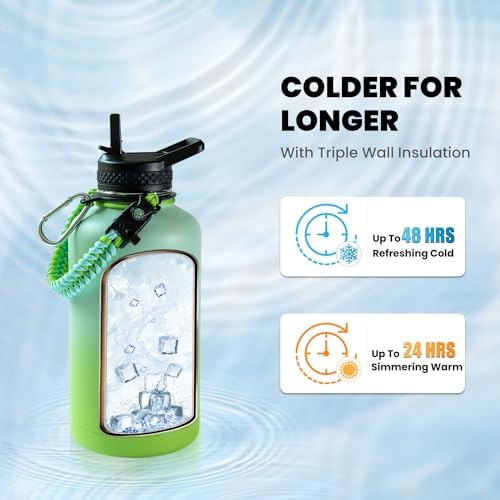 Insulated Water Bottle 64 oz, Triple Wall Vacuum Stainless Steel (Cold for 48 Hrs), Leak Proof & Non-BPA, Half Gallon Water Flask Jug with Paracord Handle & Straw Spout Lids
