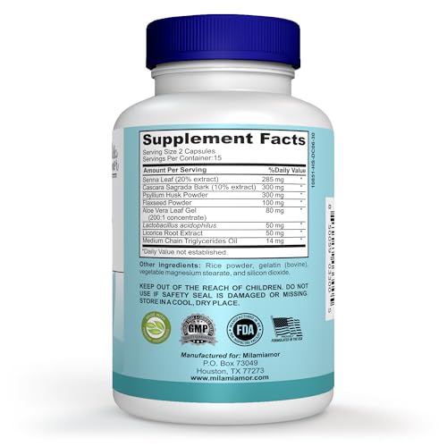 Milamiamor 15 Day Cleanse - Gut and Colon Support | Advanced Gut Cleanse Detox with Senna, Cascara Sagrada & Psyllium Husk | Non-GMO | Made in USA | 30 Capsules