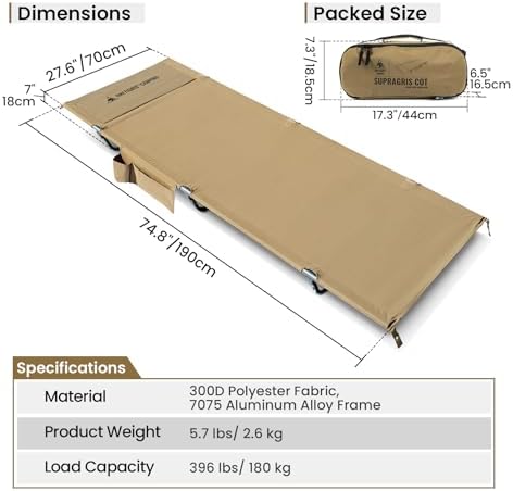 OneTigris SUPRAGRIS Camping Cot, Support Up to 400lbs, Lightweight Comfortable Folding Bed for Camping, Hiking, Backpacking, Travel, Car Trips, Office Nap