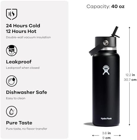 HYDRO FLASK Wide Mouth vacuum insulated stainless steel water bottle with leakproof closeable straw lid for cold water drinks, sports, travel, car and school