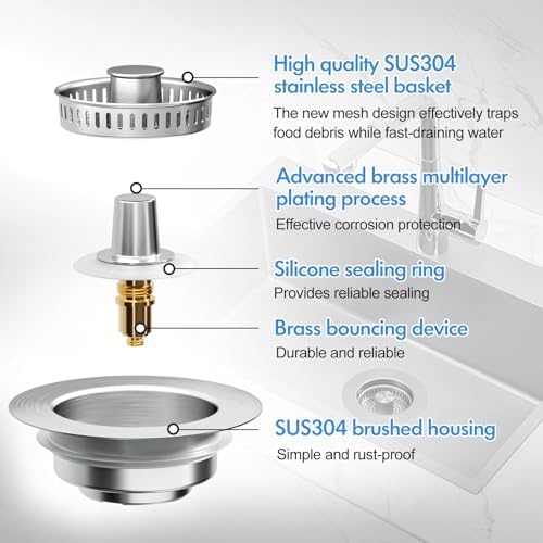 3 in 1 Kitchen Sink Drain Strainer & Sink Stopper, 304 Stainless Steel Pop Up Sink Drain Stopper with Anti-Clogging Basket for US Standard (Silver - 2 Pack)