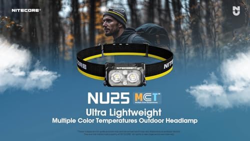 Nitecore NU25 MCT 400 Lumen Lightweight USB-C Rechargeble Outdoor Headlamp with Multiple Color Temperatures Warm Natural, Cold Lights and Red Light (Headband, Black)