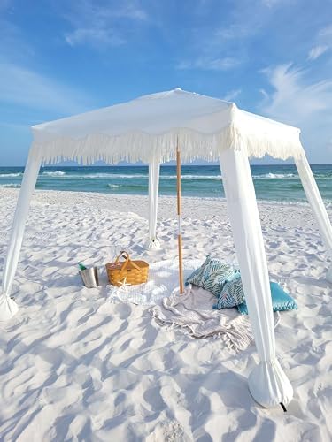 AMMSUN Beach Cabana with Fringe, 6'×6' Boho Beach Canopy with Tassels, Easy Set up & Premium Wood Pole, Cabana Tent with Sand Pockets, Instant Sun Shade for Sand, Garden, Patio, Elegant White
