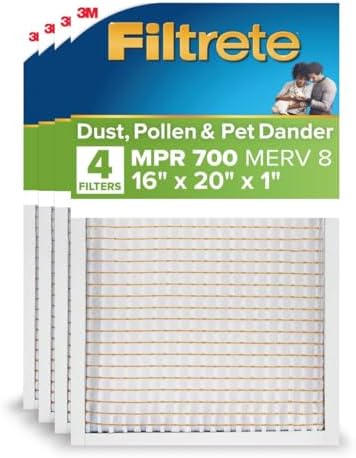 Filtrete 16x20x1 AC Furnace Air Filter, MERV 8, MPR 700, Tough on Pollen, Easy on Airflow, 3-Month Pleated 1-Inch Electrostatic Air Cleaning Filter, 4-Pack (Actual Size 15.688 x 19.688 x 0.78 in )
