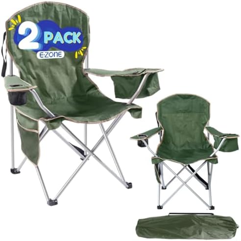 EZONE Set of 2 Camping Chairs with Built-in Ice Cooler, Portable Chair, Storage Pocket, Cup Holder, and Carry Bag Perfect for Camping, Tailgating, Fishing, Beach, and Lawn (2, Olive Green)