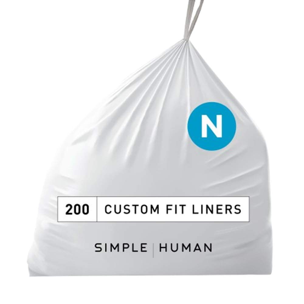simplehuman Code N 200 Count, Genuine Custom Fit Liners, Drawstring Trash Bags, 30 Liter / 8 Gallon, White