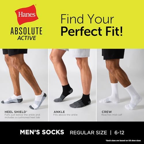 Hanes Men's Absolute Active Cushioned Heel Shield, Moisture Wicking Socks, Seamless Toe, 4-Pack