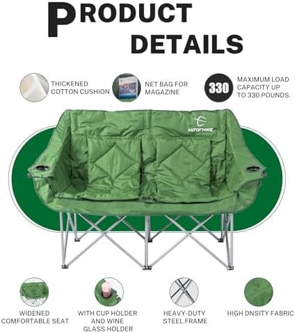 HITORHIKE Double Camping Chair Heavy Duty Oversized Folding Loveseat Camping Chair - Single/Double, All-Season Design with Cup Holder for Camping, Picnic, Beach