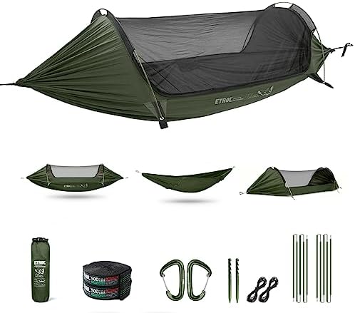 Camping Hammock with Mosquito Net,3 in 1 Function Parachute Portable Hammock,Double & Single Hammocks Tent for Travel Outdoor Indoor Hiking Patio - with Tree Straps,Carabiners,Aluminium Poles
