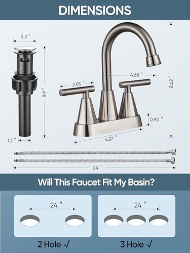 Cobbe 4 inch Brushed Nickel Bathroom Faucets with Pop up Drain and Two Supply Hoses, Lead-Free Stainless Steel 2 Handle Centerset Faucet for Vanity, RV