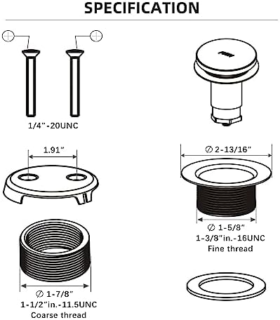 All Metal Tip-Toe Bathtub Drain Kit with Two-Hole Overflow Faceplate and Universal Fine/Coarse Thread Assembly, Bath Tub Drain Kit fits All Bathtub -Brushed Nickel