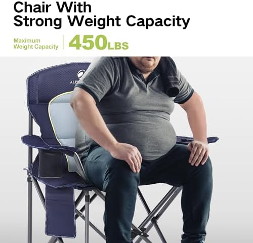 GREEN PARTY Folding Camping Chair Oversized Heavy Duty Lawn Chair with Cooler Bag, Cup Holder, Storage Pocket, Collapsible Padded Outdoor Arm Chair, Quad Lumbar