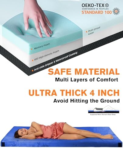 4 Inch GAIALOOP Extra Thick Memory Foam Camping Mattress, Roll Up Floor Sleeping Mat Camp Cot Mattress Pad Travel Camping Couch Bed for Guest Adults Side Sleepers