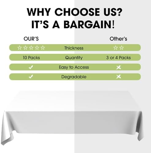 Pureegg Plastic Table Cloth Disposable 10 Pack, 54 x 132 Inch Table Cloths, Party, Picnic, Wedding, Decorative Tablecloths, Rectangle, White Plastic Cover, Leakproof & Sturdy, White