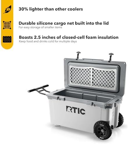 RTIC 72 Quart Ultra-Light Wheeled Cooler Hard Insulated Portable Ice Chest Box for Beach, Drink, Beverage, Camping, Picnic, Fishing, Boat, Barbecue, 30% Lighter Than Rotomolded Coolers