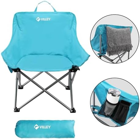 VILLEY Camping Chair Beach Folding Chair, Outdoor Lawn Portable Lightweight Chair, Foldable Chair with Carry Bag, for Outside Hiking, Fishing, Travel, Beach and Sports, Blue