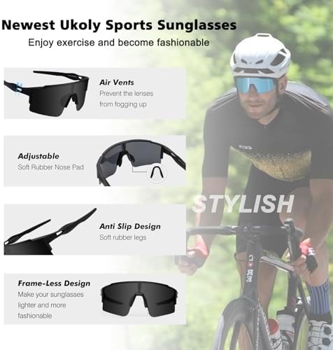 Ukoly Cycling Sunglasses for Men Women with 3 Interchangeable Lenses, Polarized Sports Sunglasses, Baseball Sunglasses
