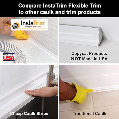 InstaTrim New & Improved Self-Adhesive Caulk Trim, 1/2" x 10', 2-Pack, Flexible, Waterproof, Stain Resistant for Bathroom, Floors, Walls, DIY Project, White