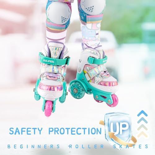 SULIFEEL Rainbow Unicorn 4 Size Adjustable Light up Roller Skates for Girls Boys for Kids