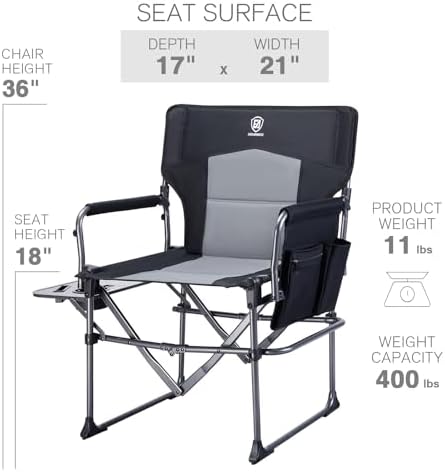 EVER ADVANCED Camping Directors' Chair with Side Table, Portable Folding with Compact Size, Heavy Duty Lawn Chair with Pocket for Camping, Lawn, Sports and Fishing, 400lbs, Black 2 Pack