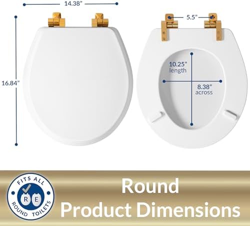 Mayfair Bennett Toilet Seat with Brushed Gold Hinges, Slow Close Wood Seat, Secure Metal Hinges, Easy Install, Made in USA, Round, White
